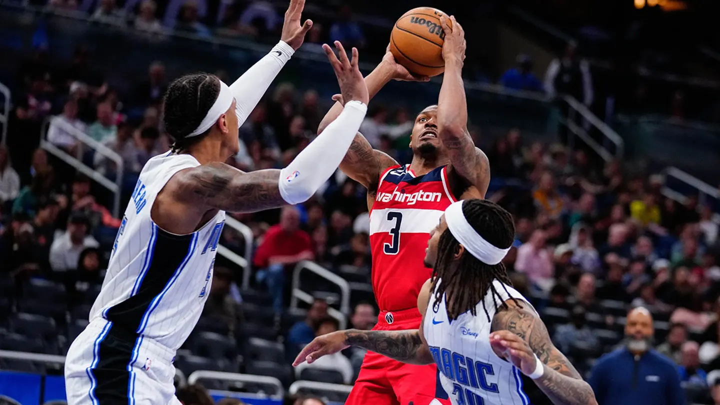 Seen here shooting over Orlando Magic forward Paolo Banchero back in May, Bradley Beal has been focal in all Washington Wizards trade news stories lately. But finally he has moved on. (Rich Storry-USA TODAY Sports)
